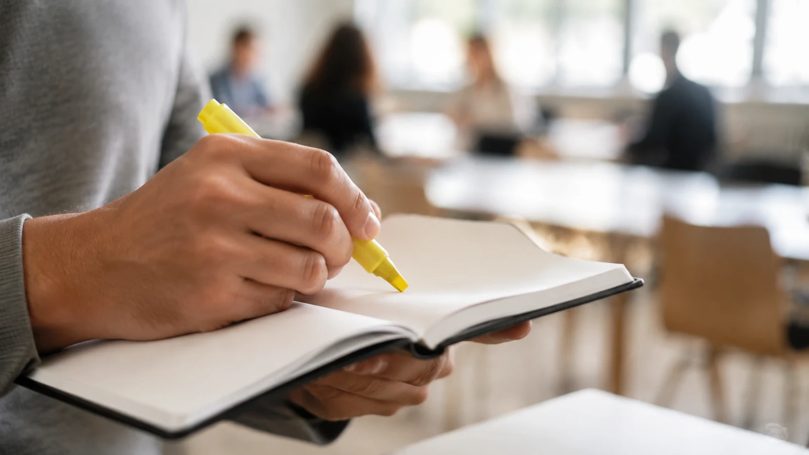 Mains surlignant un passage dans un carnet