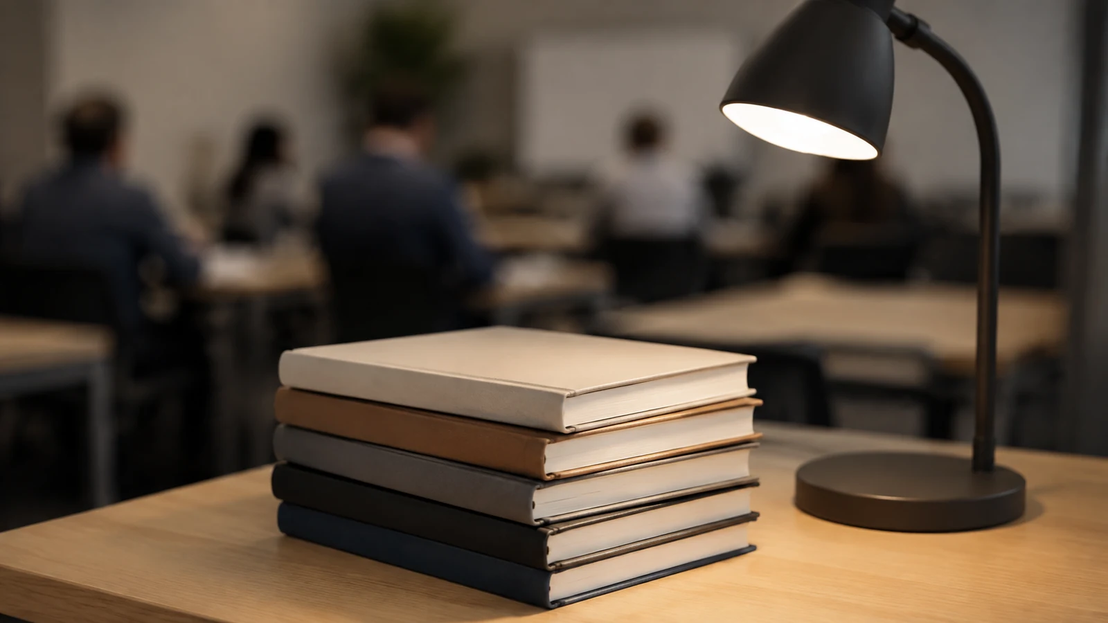 Pile de livres et lampe de lecture sur une table d'appoint