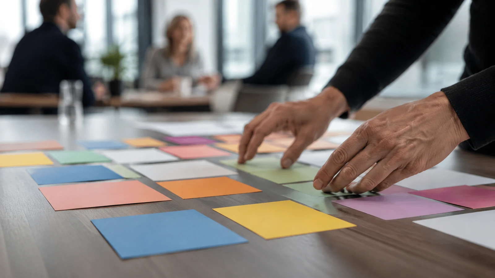 Main disposant des notes colorées sur une vitre