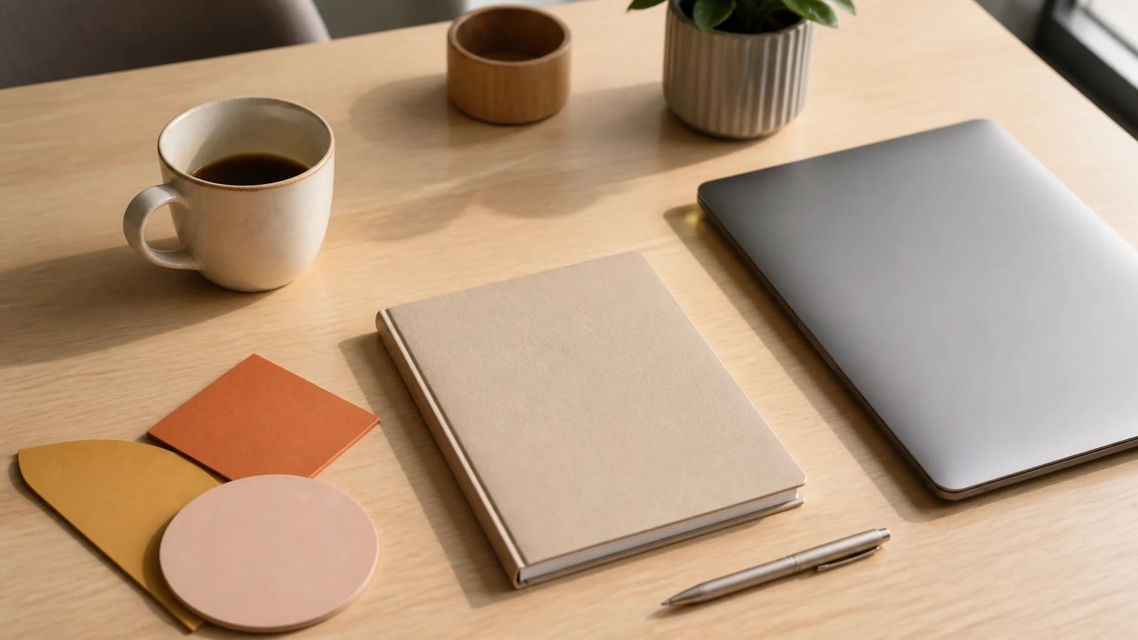 Tasse de thé posée près d'un carnet sur un bureau
