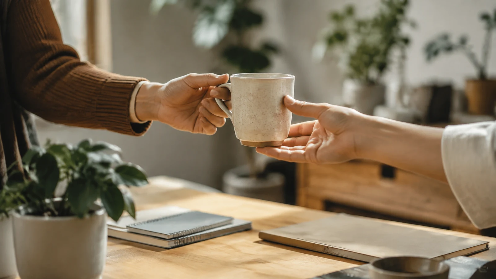 Mains tendant une tasse de café à un collègue