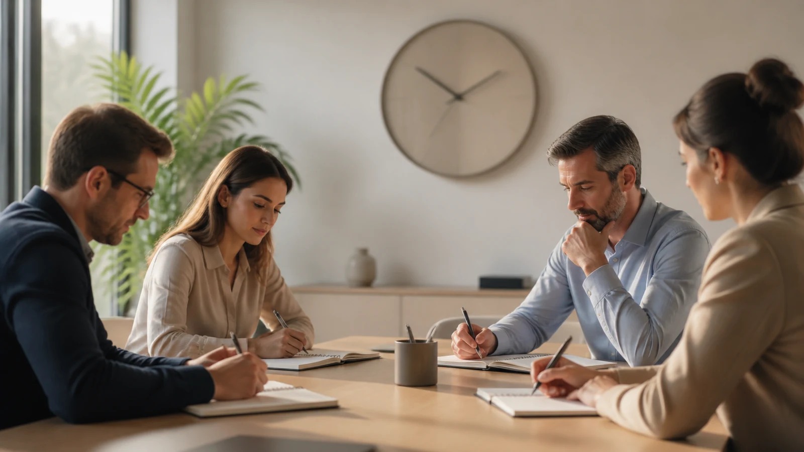 Horloge murale au-dessus d'un bureau ordonné