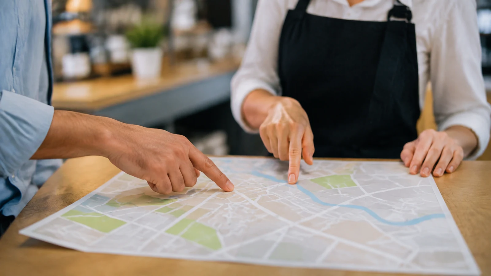 Mains pointant un plan étalé sur une table